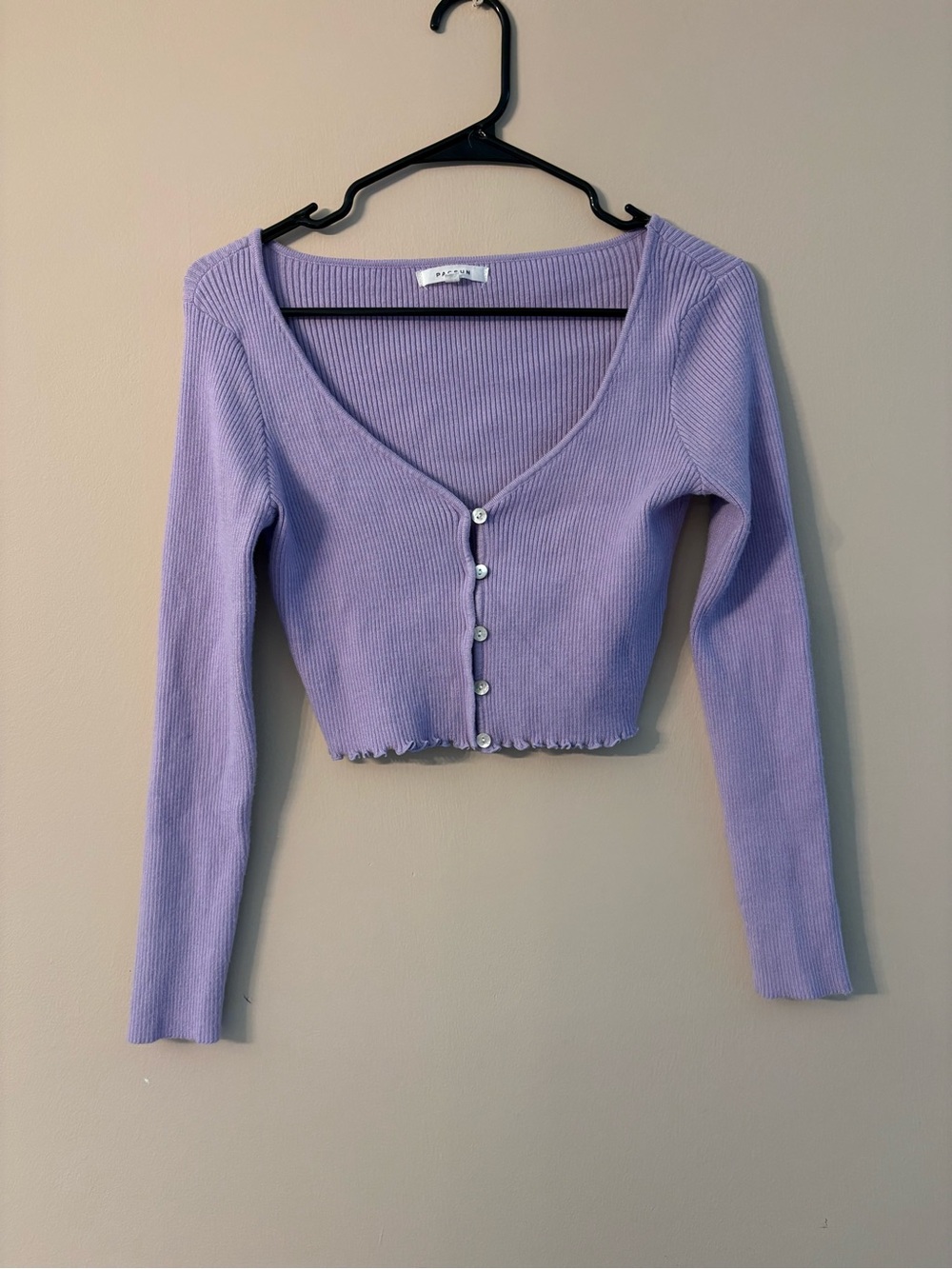 Lavender Ribbed V-Neck Button Crop Sweater by Unknown